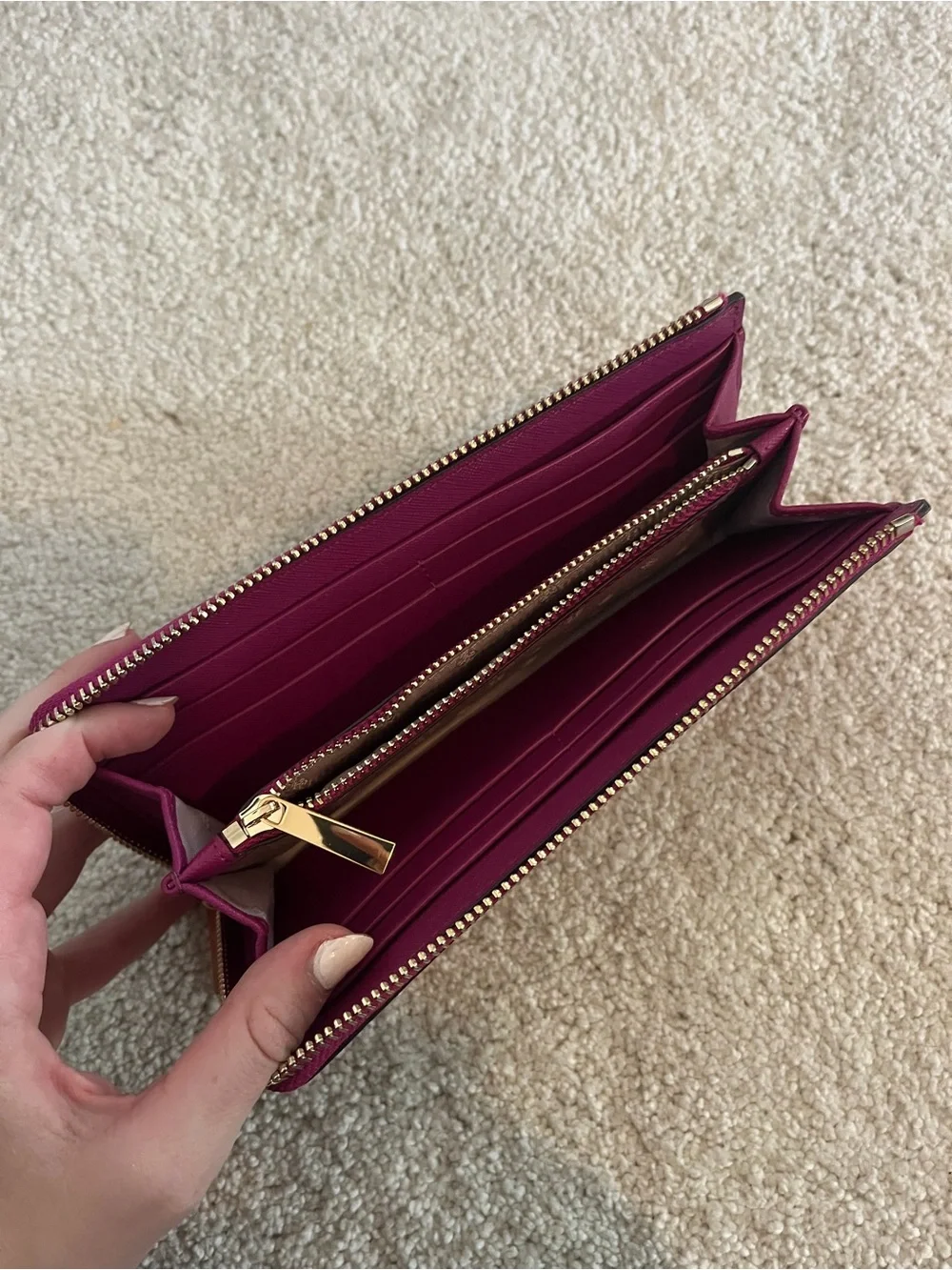Tory Burch Zip-Around Continental Wallet in Berry Pink with Gold Logo